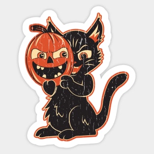 Vintage Halloween Black Cat With Pumpkin Mask Sticker